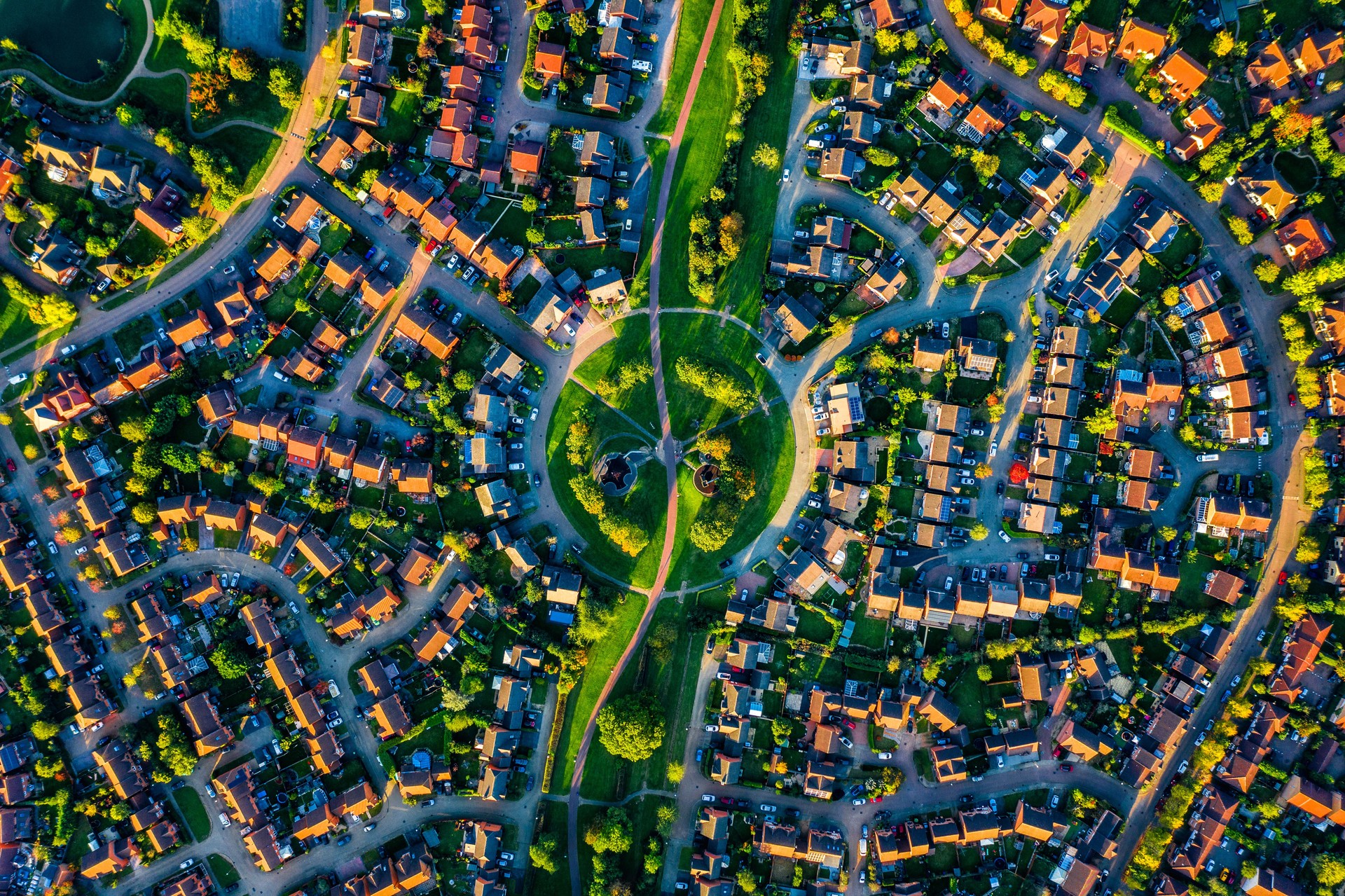 Aerial view suburban neighborhood with identical wealthy, Milton Keynes, Furzton