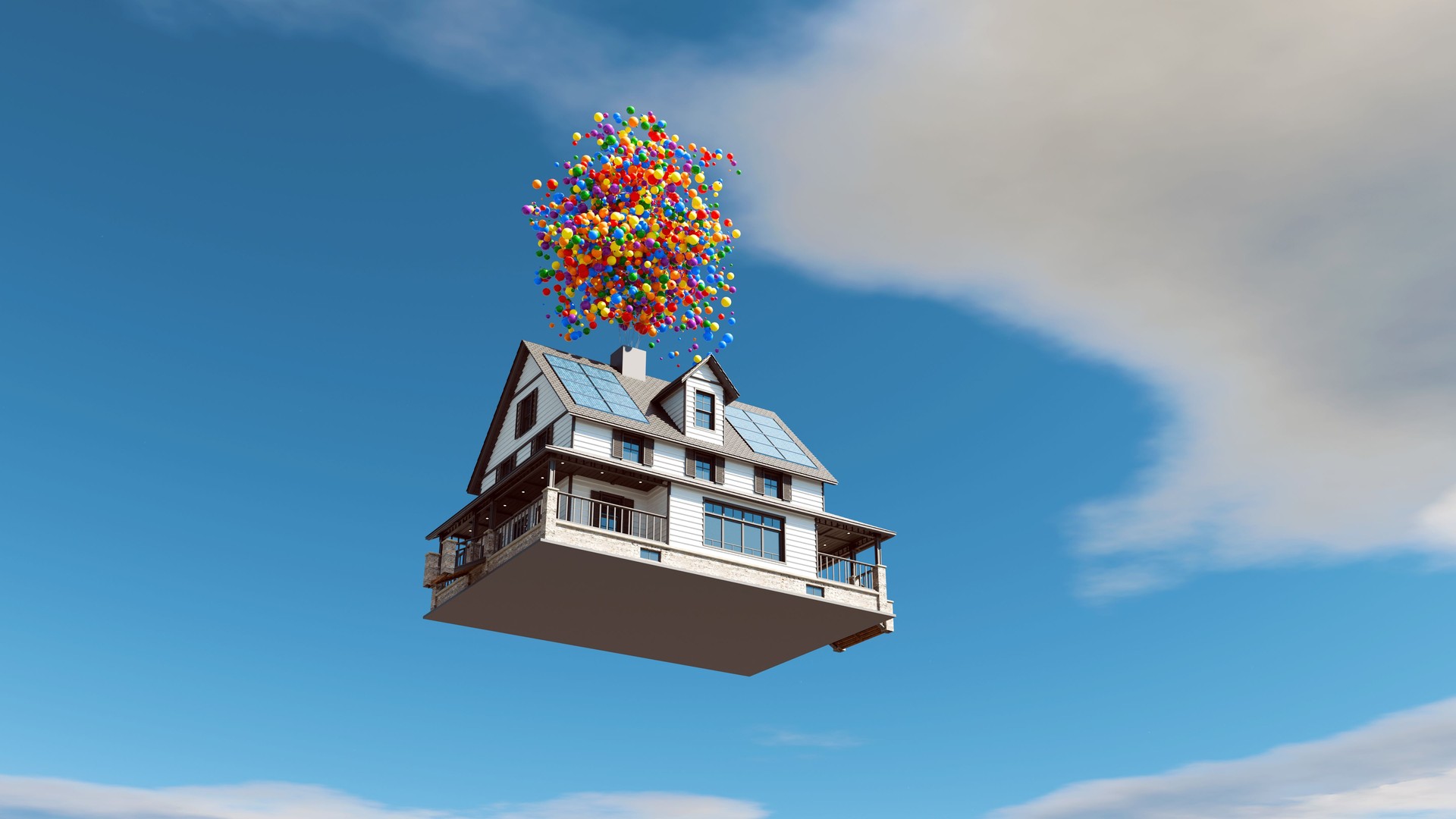 House Takes Flight with Colorful Balloon Cluster