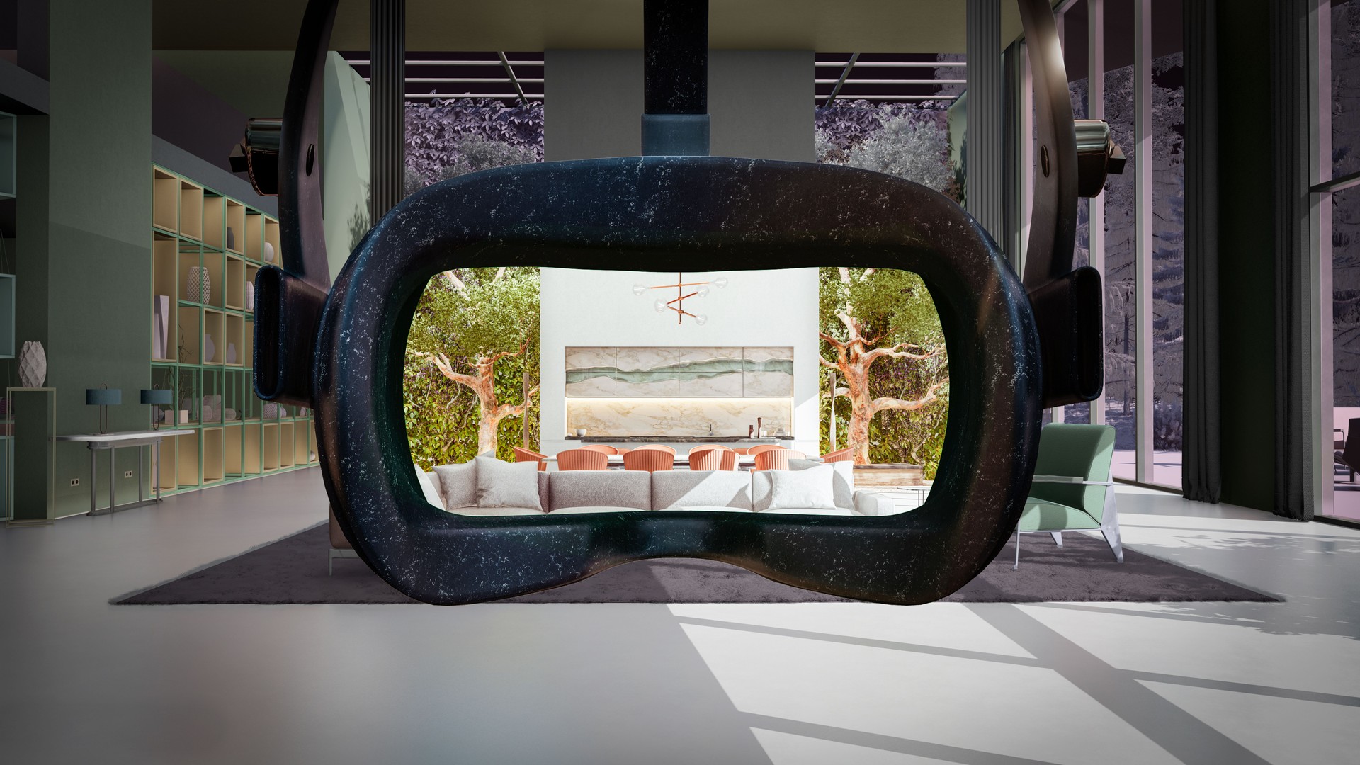 VR glasses giving a glimpse of luxurious living room interior